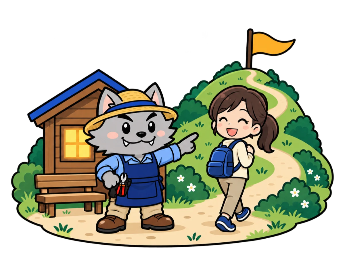 小さな小屋(居場所)の前のフリボンくんが、丘の上の旗(挑戦の起点)へ向かう人を見送っているイラスト