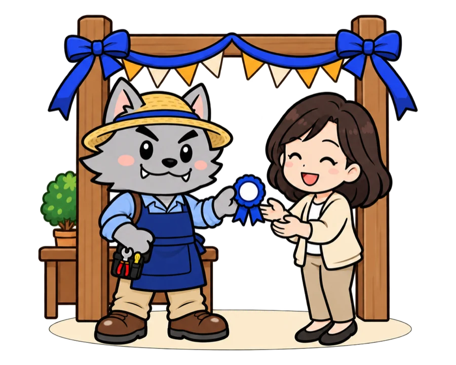 フリボンくんが、フリボンビレッジの入口で新しいメンバーに青いリボンを手渡しているイラスト