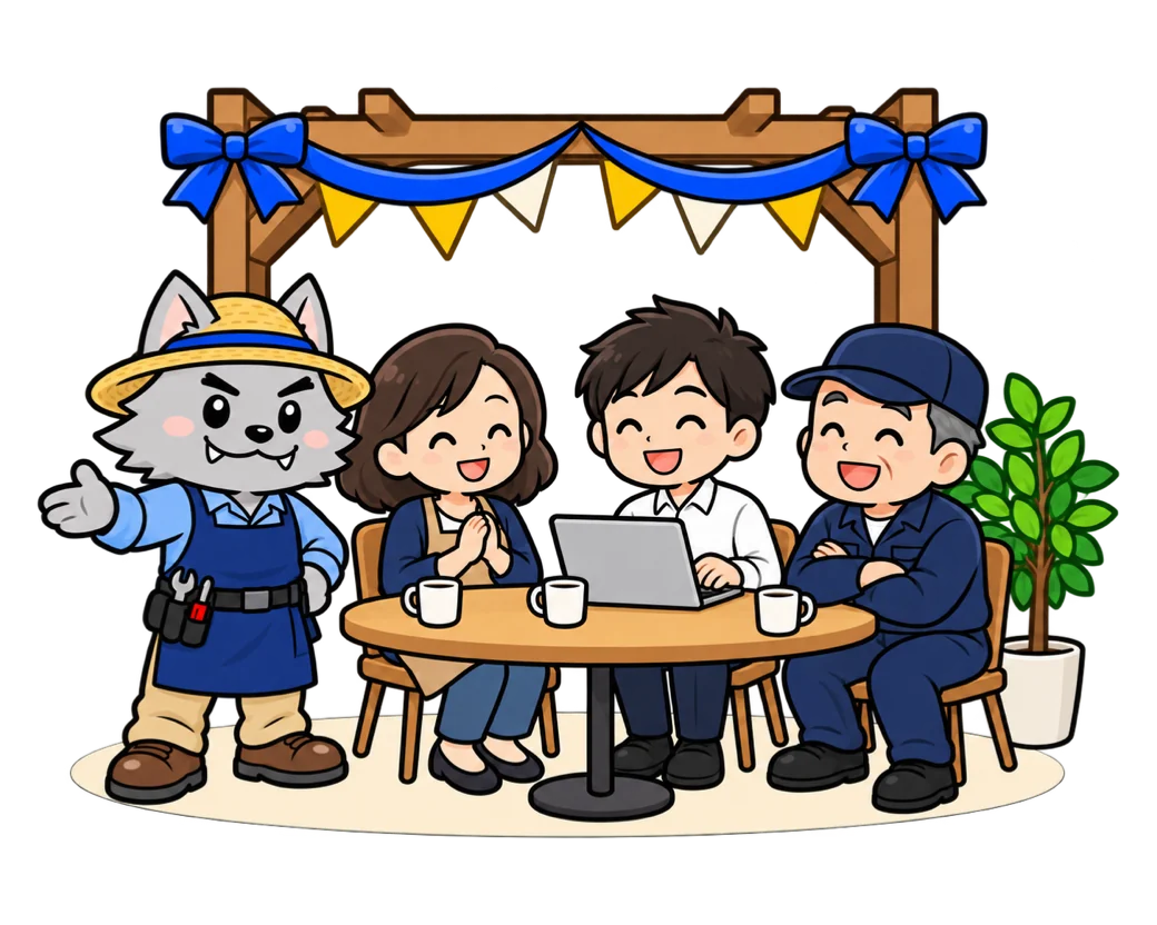フリボンくんが、テーブルを囲んで話すメンバーたちを迎えているイラスト
