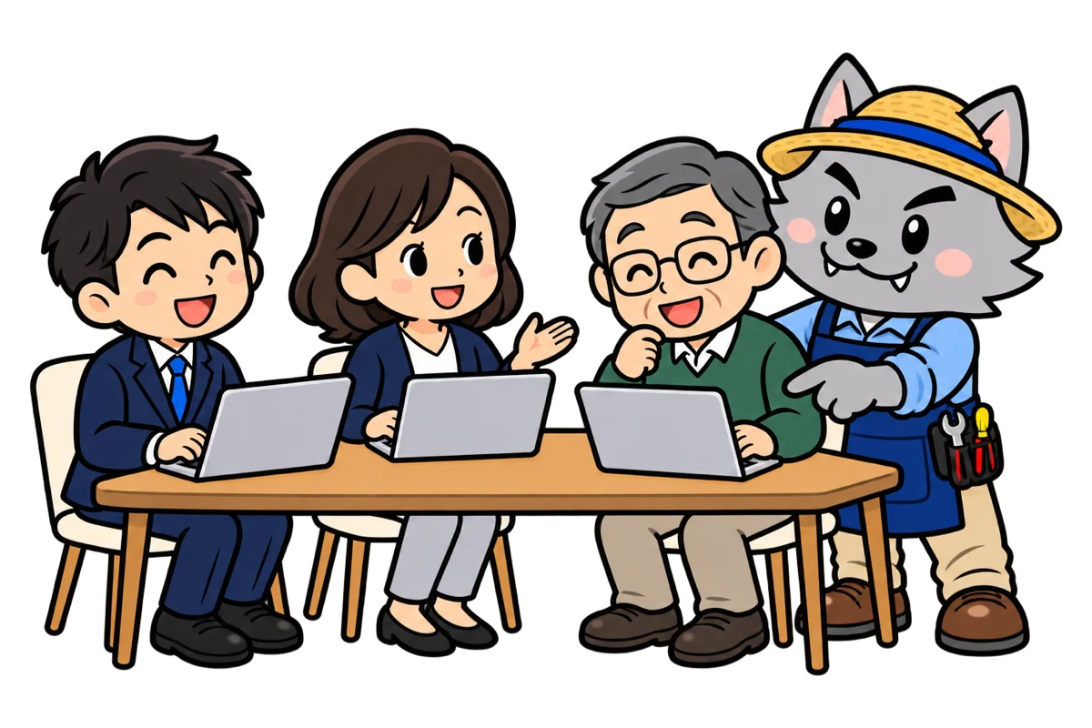 ノートパソコンを使う少人数のビレッジ会で、フリボンくんが参加者を手伝っているイラスト